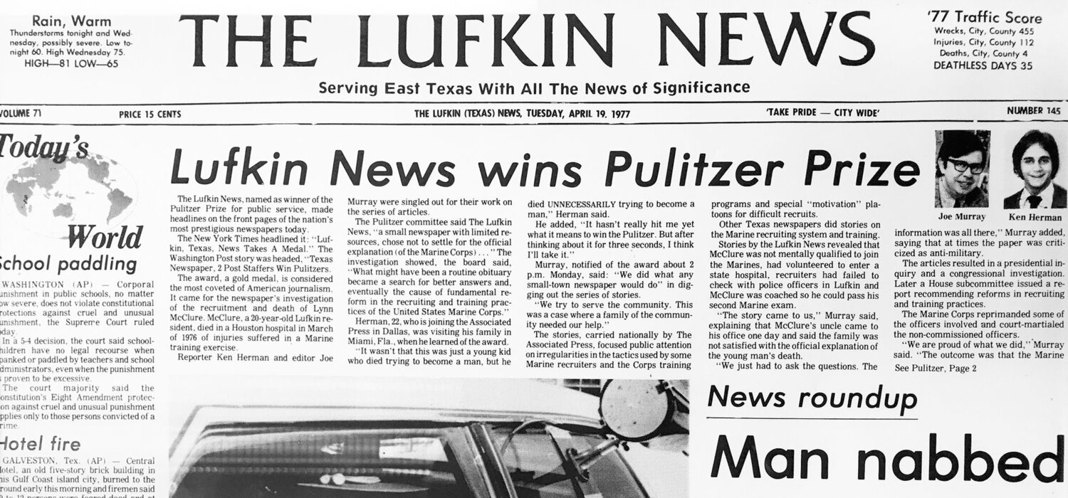 While editor of the paper, Joe Murray and then-cub reporter Ken Herman won the Pulitzer Prize for Meritorious Public Service in 1977 for a series of articles leading to reforms in military training and recruiting practices.